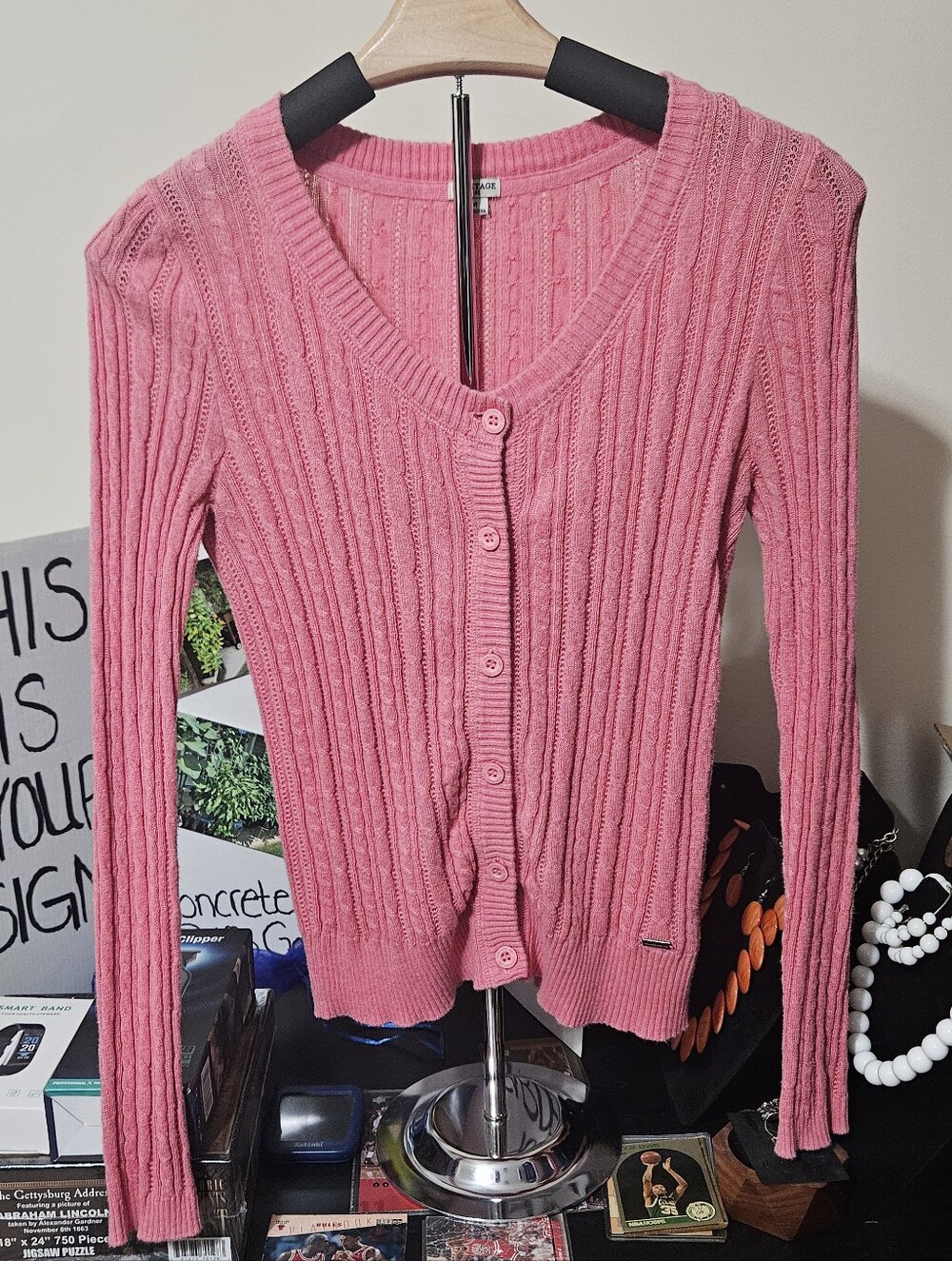 Heritage Pink Cable-Knit Button Front Cardigan Sweater Size M